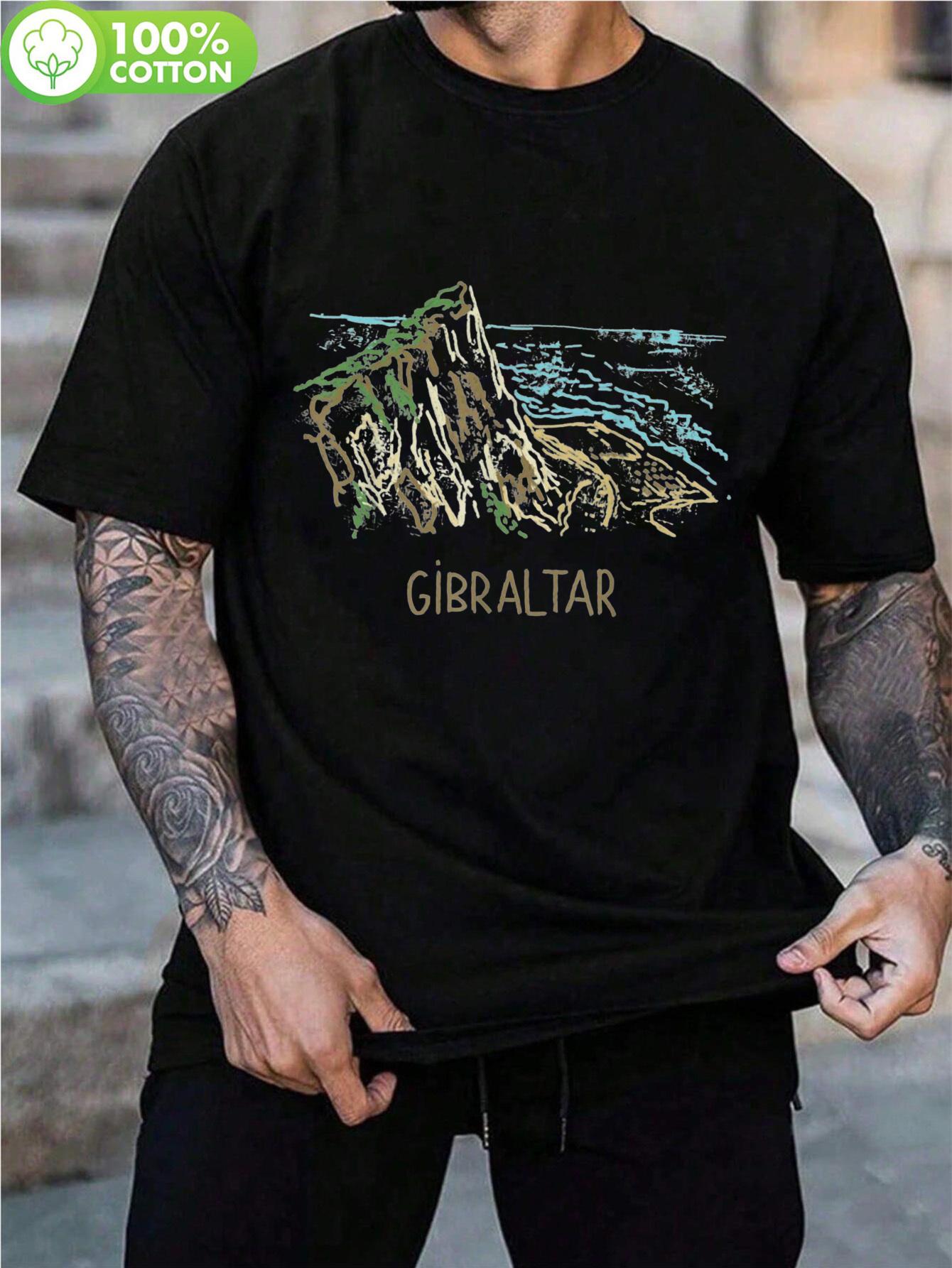

Rock of Gibraltar Graphic T-shirt - 100% Cotton Lightweight Breathable Crew Neck Tee with Mountain Landscape Design XL