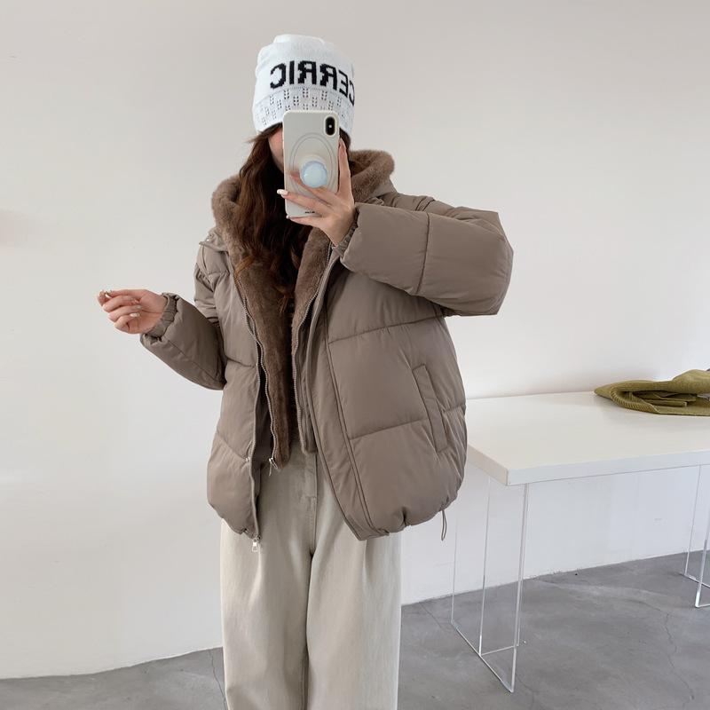 Stand-up collar women's cotton-padded jacket solid color loose velvet thickened hooded trendy fashion student women's bread cotton-padded jacket