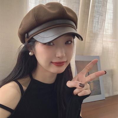 Autumn and Winter Show Face Small PU Leather Brim Octagonal Hat Women's Metal Solid Color Casual Temperament Fashionable Retro Painter Hat