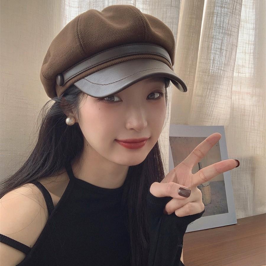 Autumn and Winter Show Face Small PU Leather Brim Octagonal Hat Women's Metal Solid Color Casual Temperament Fashionable Retro Painter Hat
