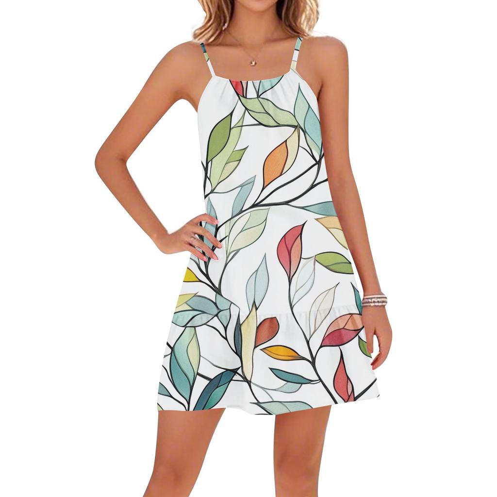 Vestidos casuais femininos com decote redondo e alças ajustáveis, costas nuas, para praia