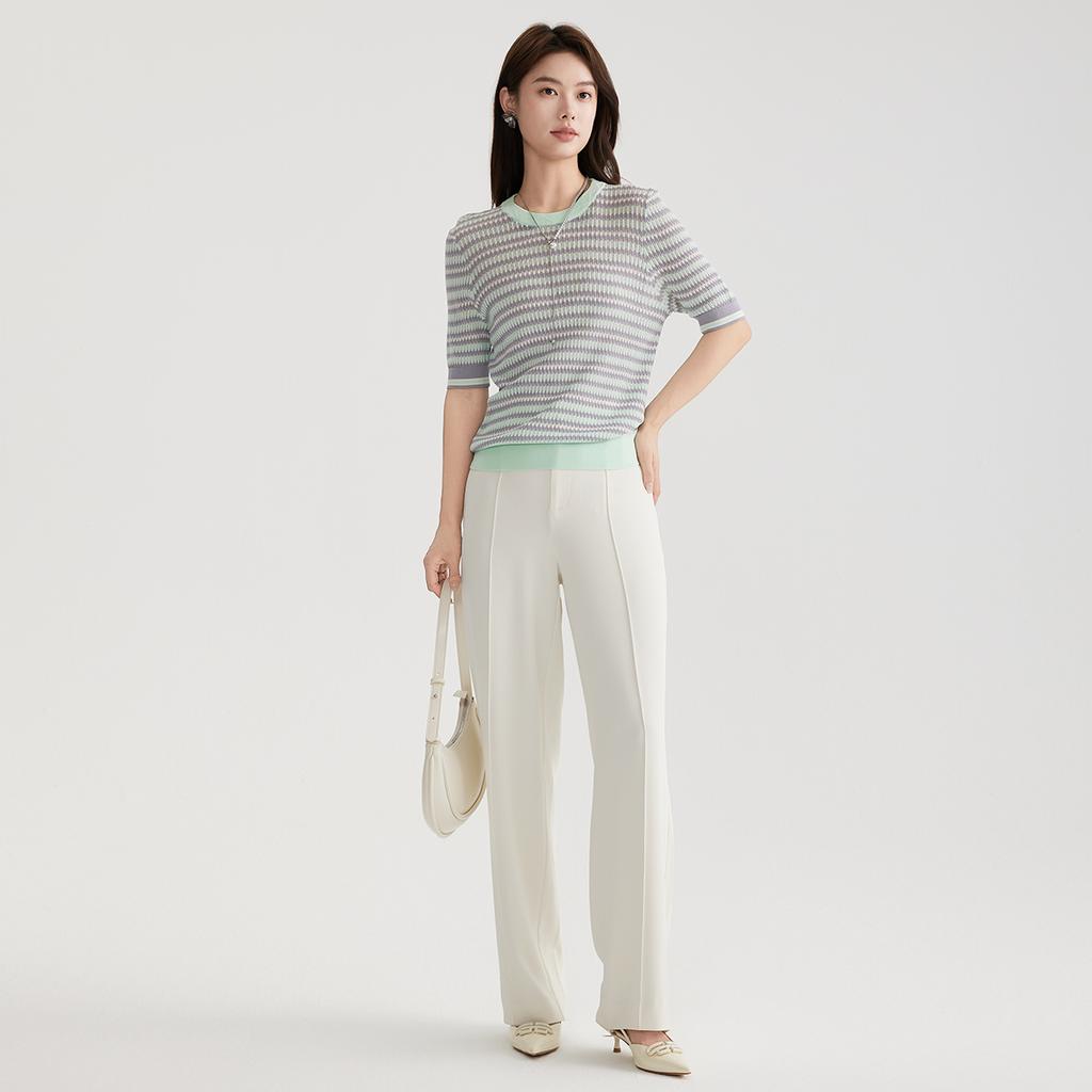 Women's Contrasting Striped Short-Sleeved Thin Knit Shirt