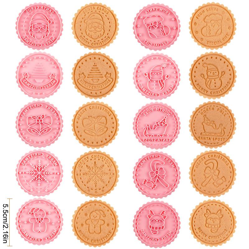 Round Christmas Cookie Cutter Set 8 Pcs 3D Embossing Cutter Molds For Fondant Biscuit Cheese Baking Party Supplies