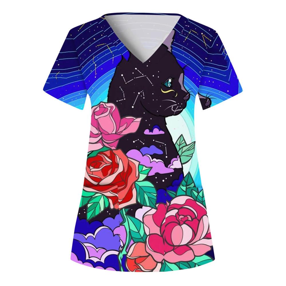 Zdravotní uniforma Dámské topy Tričko s výstřihem do V Kočka Psík Kreslený topy s potiskem Uniforma Uniforma s krátkým rukávem Kapsy Zdravotní Dámská Uniforma Sestra