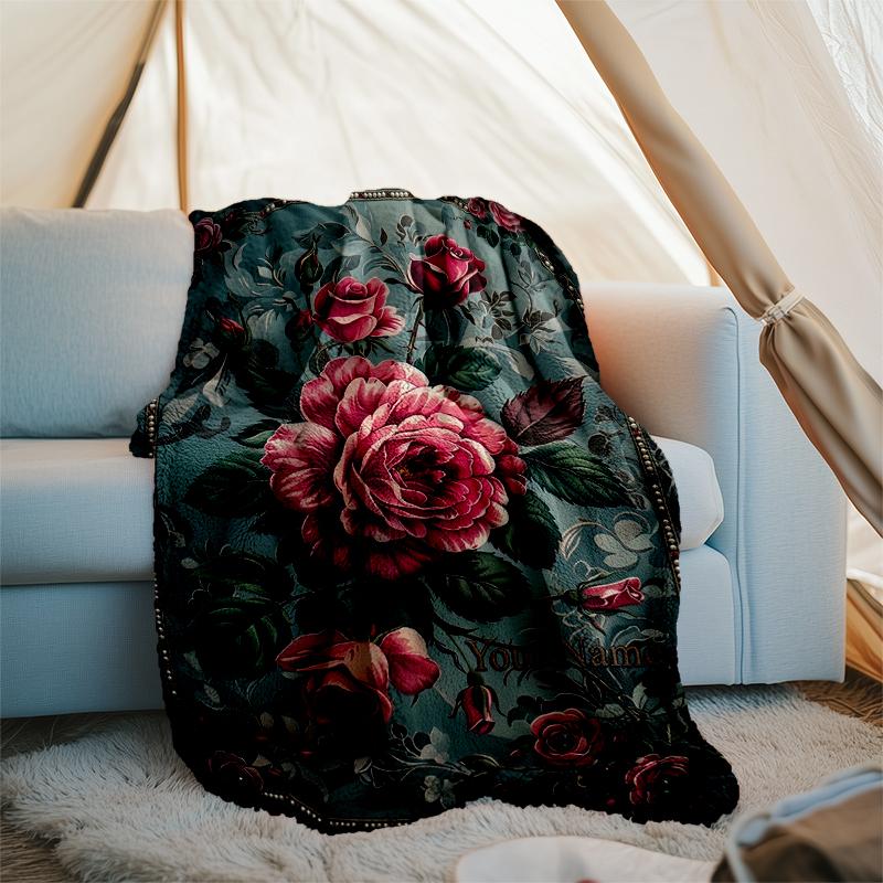 Custom Name Vintage floral art. Flannel Fleece Blanket Cozy Warm Throw Blanket For Couch Bed Travel All Season Use