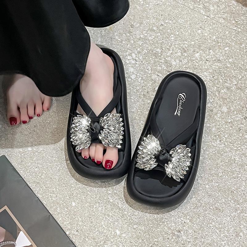 Thick-bottomed Cool Slippers Women's New High-end Sequined Bows In Summer 2025 Korean Style Fashion Outer Slippers