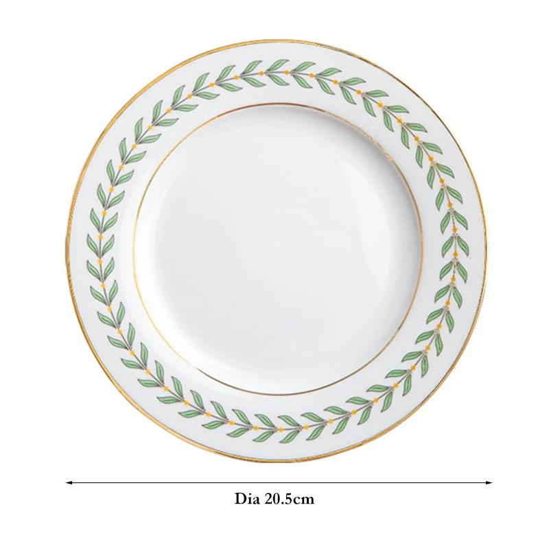 8 Inch Ceramic Plate Round Dinner Plate Cake Dessert Food Plate Gold Rim Leaf Pattern Serving Dishes Porcelain Kitchen Tableware