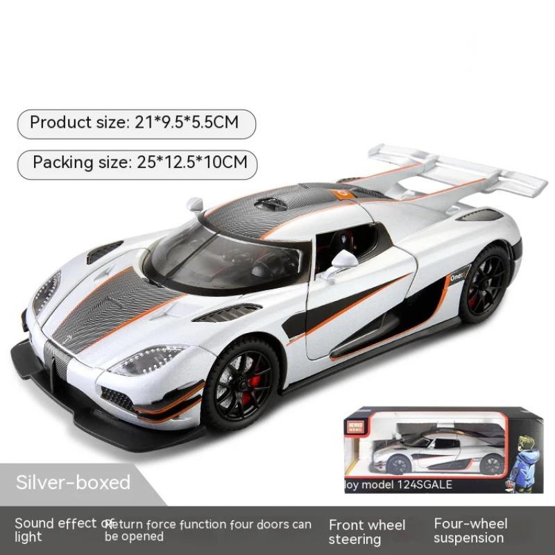 

Модель суперкара Koenigsegg ONE1 в масштабе 1/24, из сплава, игрушка для мальчиков со звуком и подсветкой, подходит для украшения интерьера, праздничный подарок серебряный