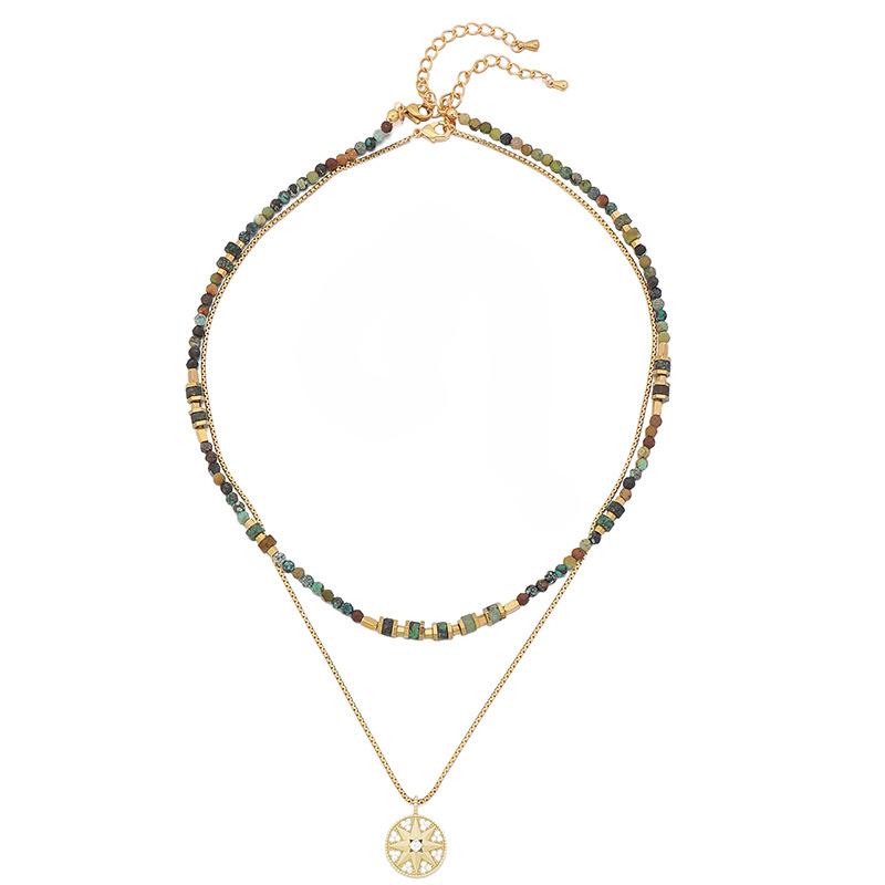 GEMCHIC Women's Vintage Layered Beaded Necklace with Geometric Pendant, Handmade Natural Stone Choker Set for Daily Wear