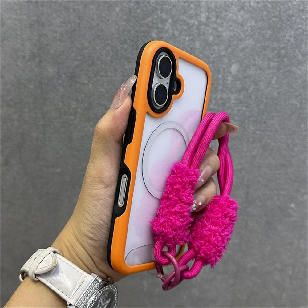 Armor Candy Color Clash For Magsafe Magnetic Clear Phone Case with Plush Wrist Strap For iPhone 16 Pro Max 15 14 13 Cover