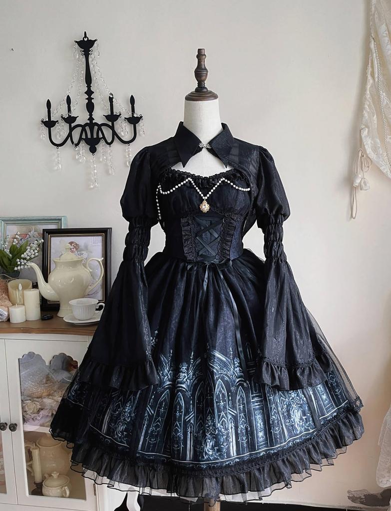 Gothic Lolita JSK Lolita Jumper Skirt with and Lace Up Sickly Princess Mori Princess Idol Size M [XHSUKADO] 2-Piece Cape, Ribbon, Dress, Women's