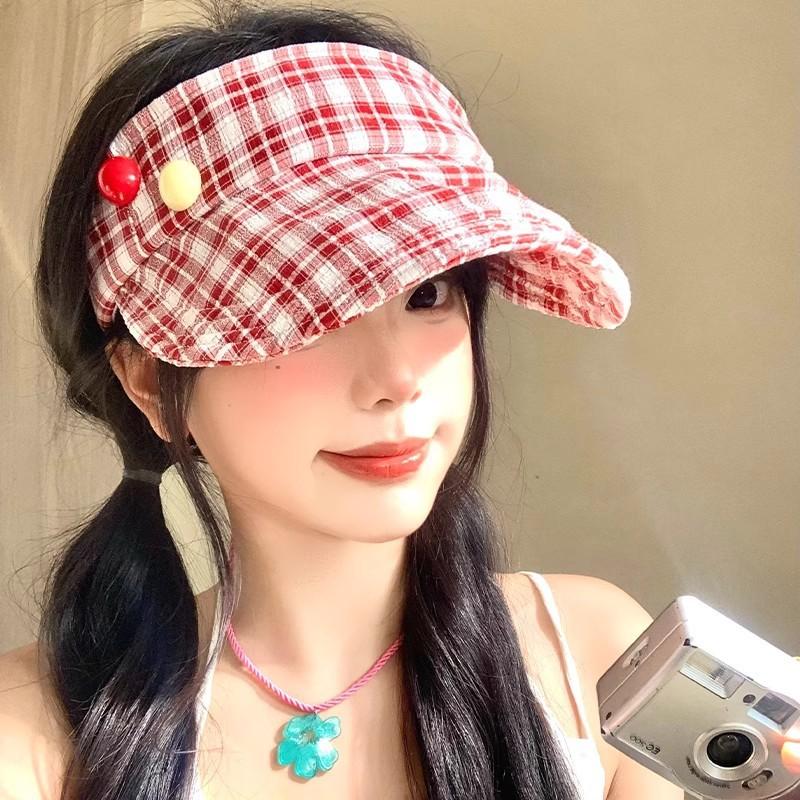 Girl s Sun Red Hats Red Checkered Sun Protection Hat Summer UV Protection Sun Hat Sweet Style Hats Kawaii Visor Cap красный