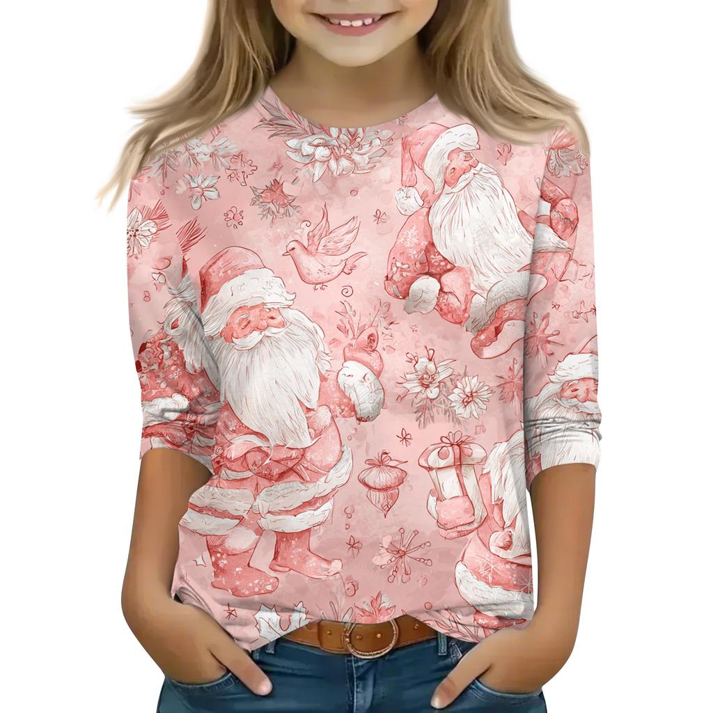 Vánoční potisk Topů pro dospívající dívky 4-11 let Kulatý výstřih 3/4 rukávy Módní topy Outfit Trička