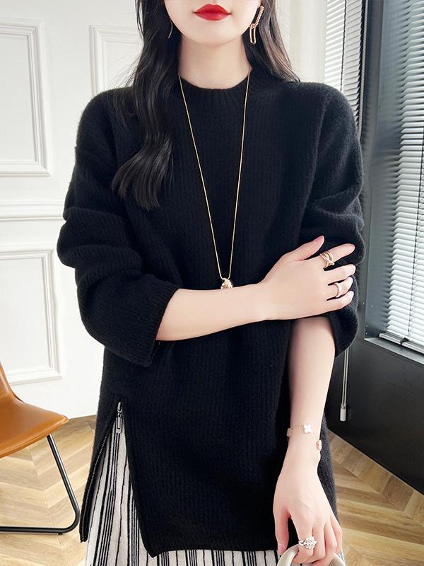 Women's Mid-Length Cashmere Sweater - Pleated Slit, Round Neck Knitwear for Autumn/Winter