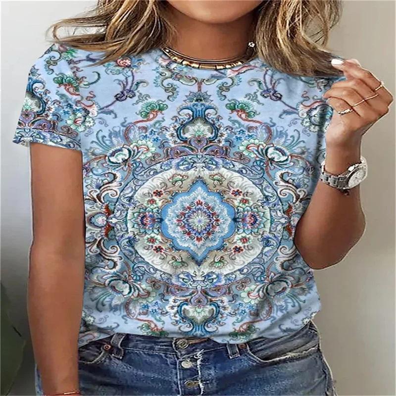 Summer Round Neck 3D Floral Mandala Print Top Fashionable Casual Short Sleeved Women's T-shirts