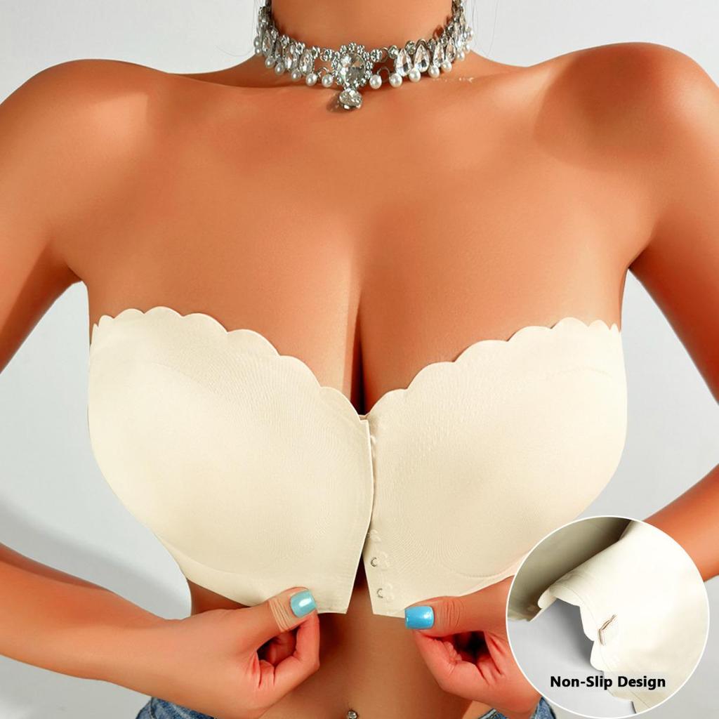 Sutien push-up fără bretele cu închidere frontală cu margine ondulată