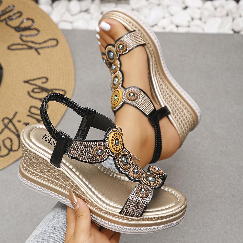 Fashion Crystal Pearl Decor Women's Wedges Sandals Bohemian Style Beaded Platform Sandals for Woman Summer 2025 Thick Bottom Beach Shoes