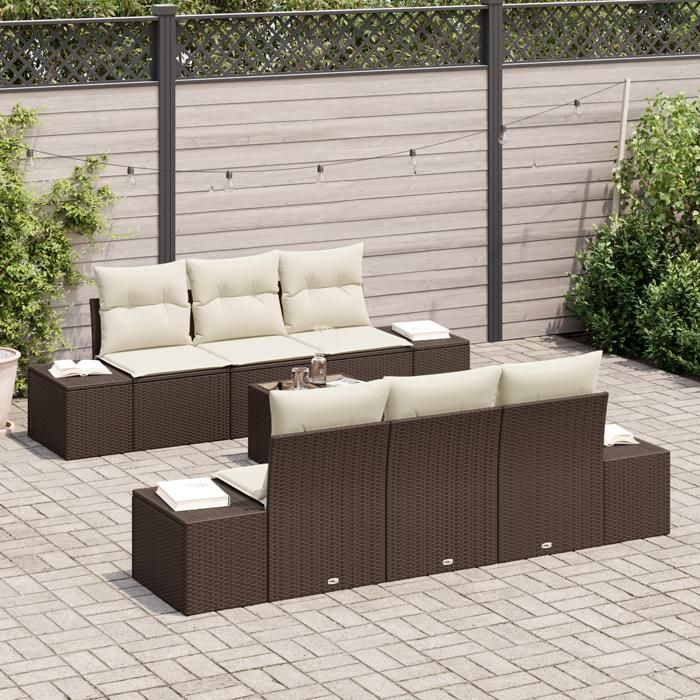 VidaXL Ensemble de Canapé de Jardin de 7 Pièces avec Coussins Marron en Poly Rattan 3355617