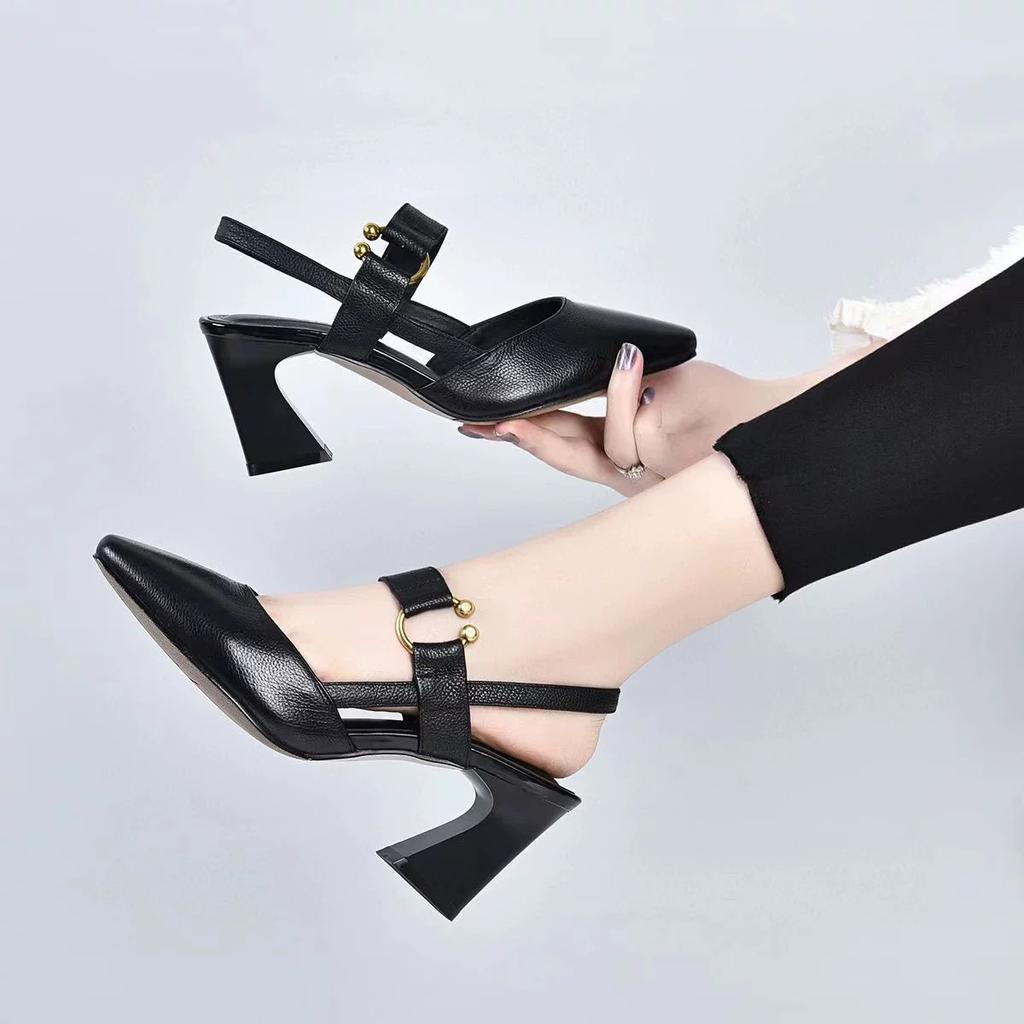Pointed high-heeled bag head sandals women's summer new outer wear 2025 rear empty word with thick heel versatile single shoes