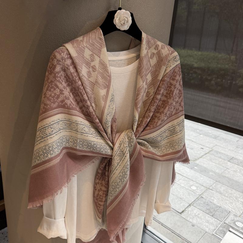 Ethnic Style Retro 130 Large Square Scarf Female Travel Photo Scarf Thin High-End Air-Conditioned Room With Pink Shawl