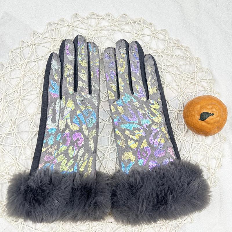 Gloves Women'S Warm Fleece Thickened Cute Cycling Gloves Touch Screen Leopard Print Hair Mouth Gloves