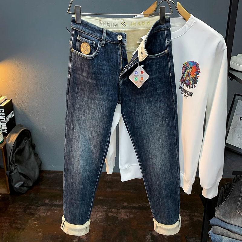 High-End Fleece-lined Thick Soft Leisure Warm Jeans Men2024Winter Slim Fit Micro Harem Tappered Pants