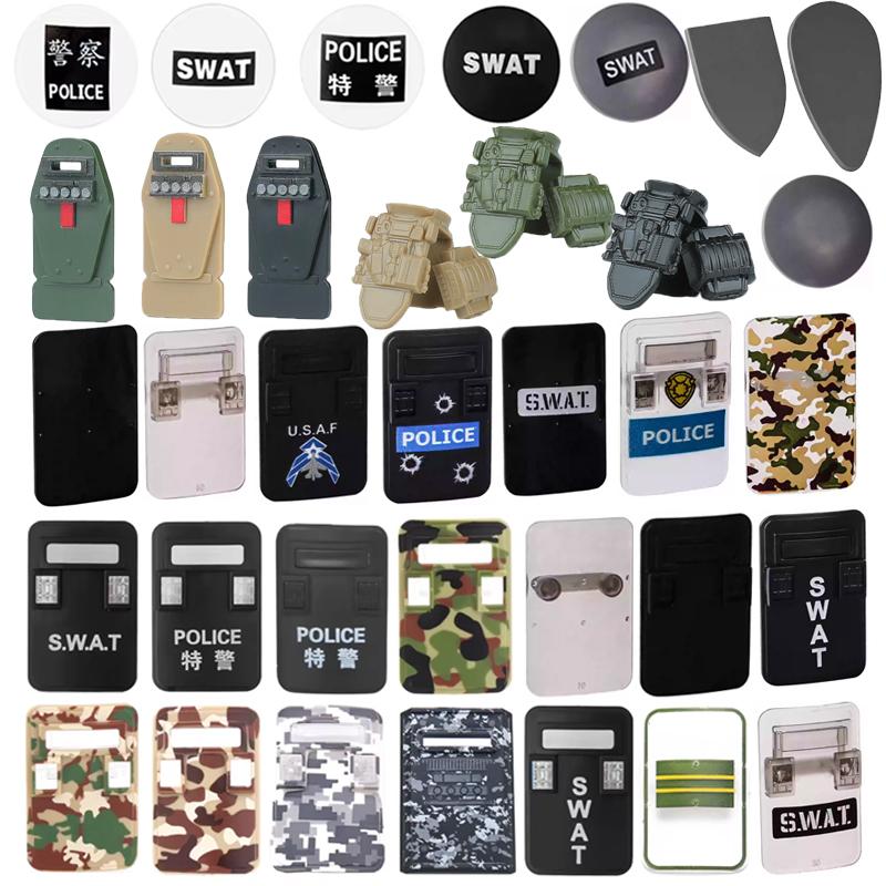 MOC Military SWAT Police Soldier Figures with Bulletproof Shields - Army Weapon DIY Building Blocks