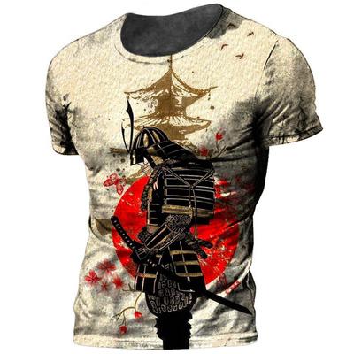 2022 Vintage Japonia Samuraj Męski T-shirt Okrągły Dekolt Bawełna Krótki Rękaw Góra 3D Nadruk Oversize Punk Streetwear Męska Odzież Koszulki