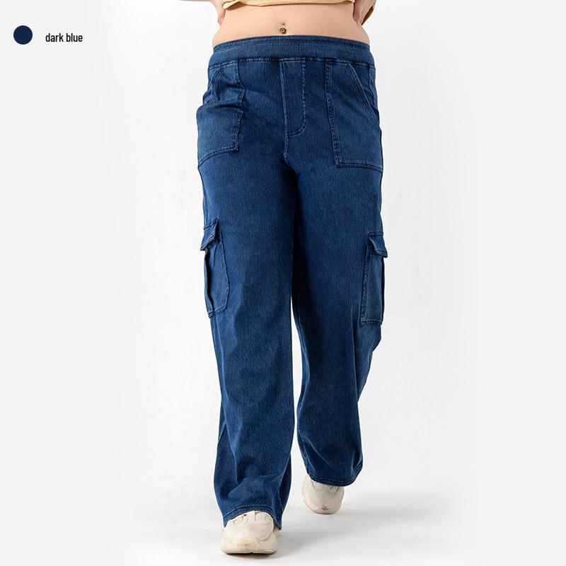 Women s Plus Size High-Waisted Elastic Denim Wide-Leg Pants with Multi-Pocket Design Extra Small темно-синий