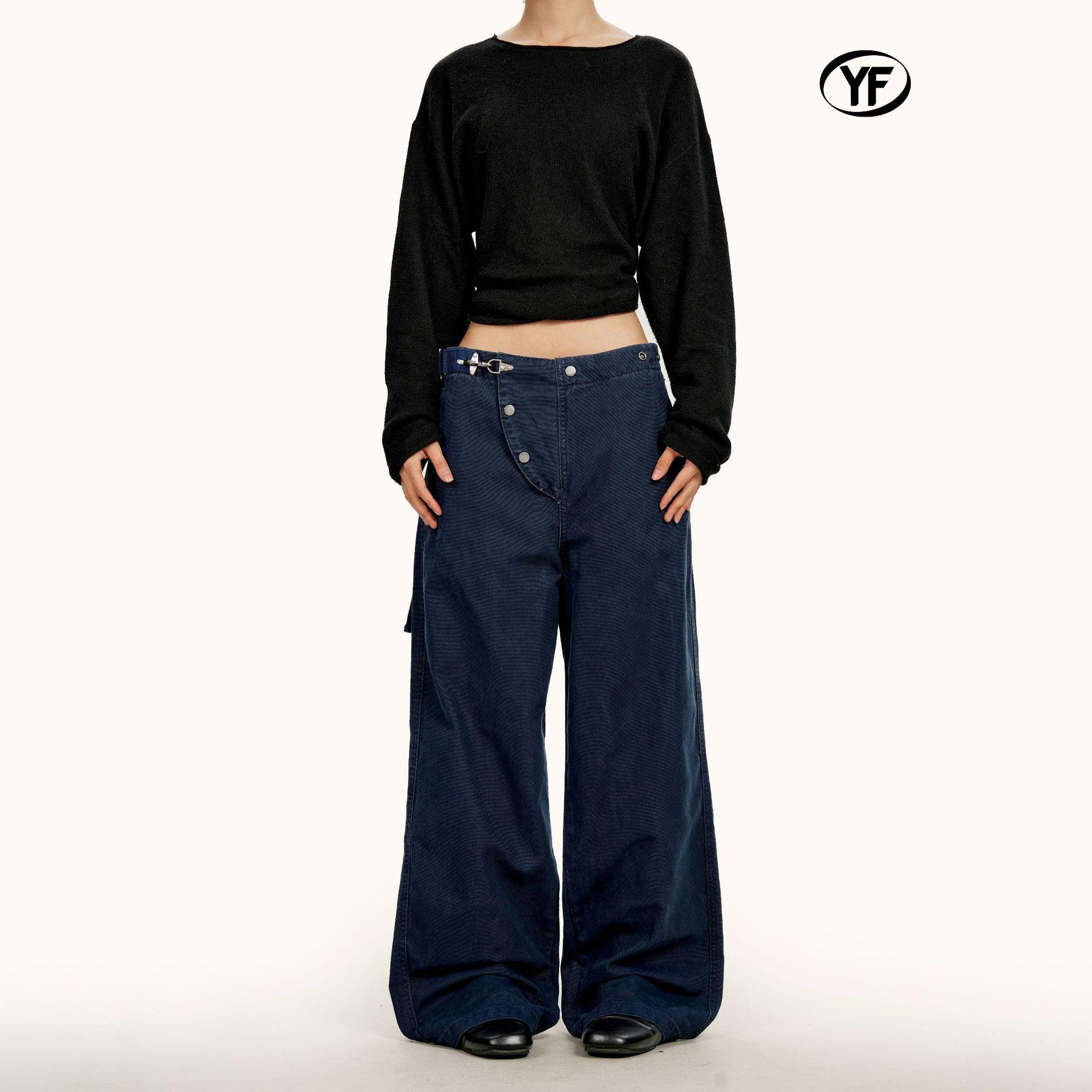 Yongfang Unisex Retro Slanted Buckle Work Pants: High Street Style, Loose Fit, Adjustable Waist, Washed Design, Straight Leg. Extra Large