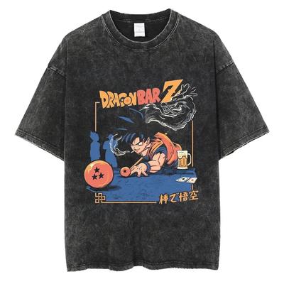 Hip Hop Streetwear Herren Washed T-Shirt Dragon Ball Anime Grafik Übergroßes T-Shirt Sommer Kurzarm T-Shirt