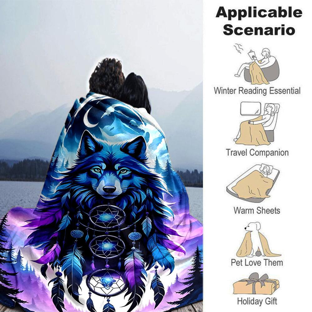 1pc Wolf Dreamcatcher Throw Blanket Soft Flannel, Cozy All Season Polyester Perfect for Home, Office