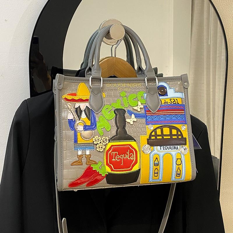 

Large-capacity Handbag Female Niche Design Mexican Style Patch Cloth Embroidery Graffiti Single-shoulder Cross-body Bag светло-серый