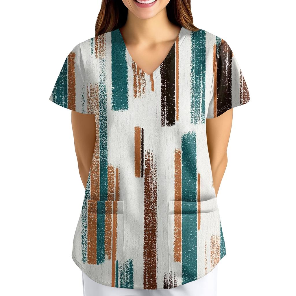 Plus SizePrinted Scrub Working Uniform Tops For Women's Cross V-Neck Print Short Sleeve Fun T-Shirts Workwear Tee With Pockets