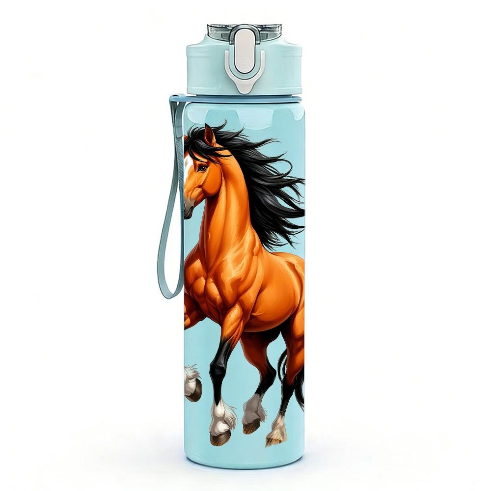 1PC Wild Horse Running Grassland Print 750ml Color Plastic Sports Water Bottle Leakproof Flip Straw Lid Suitable for Sports Office Home Use