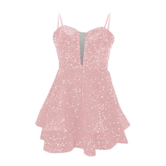 Women's Spaghetti Strap Sparkly Sequin Dress A Line Ruffle Swing Party Nightclub Mini Dress Sexy Backless Tight Short Cocktail Dress