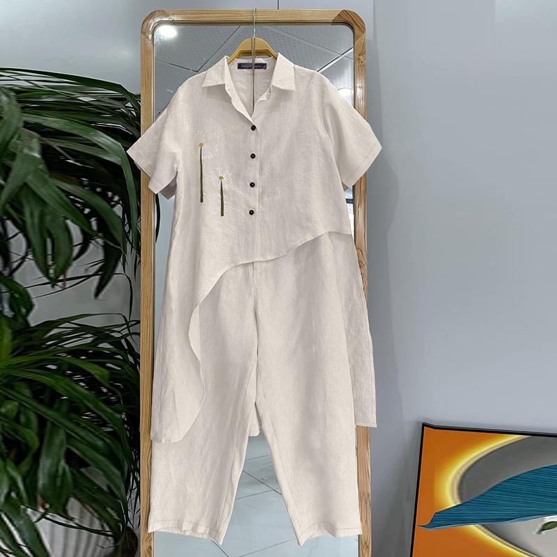 

ZANZEA Женские летние комплекты с воротником-стойкой и коротким рукавом, блузки с принтом и карманами и брюками 4XL