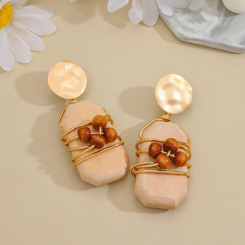 Vintage Maillard Bead Earrings Bohemian Imitation Wood Hand-wound Earrings