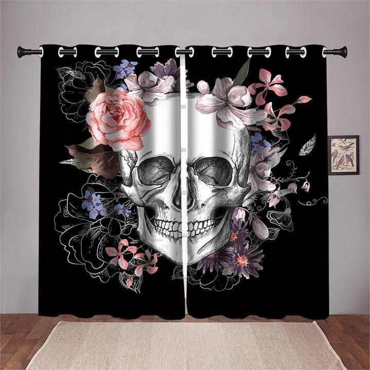 Window Curtains for Living Room, 3D, Cheap, Sexy, Valentine's Day, Rose Skull, Black, Couple, Shading, Bedroom, Home Decor