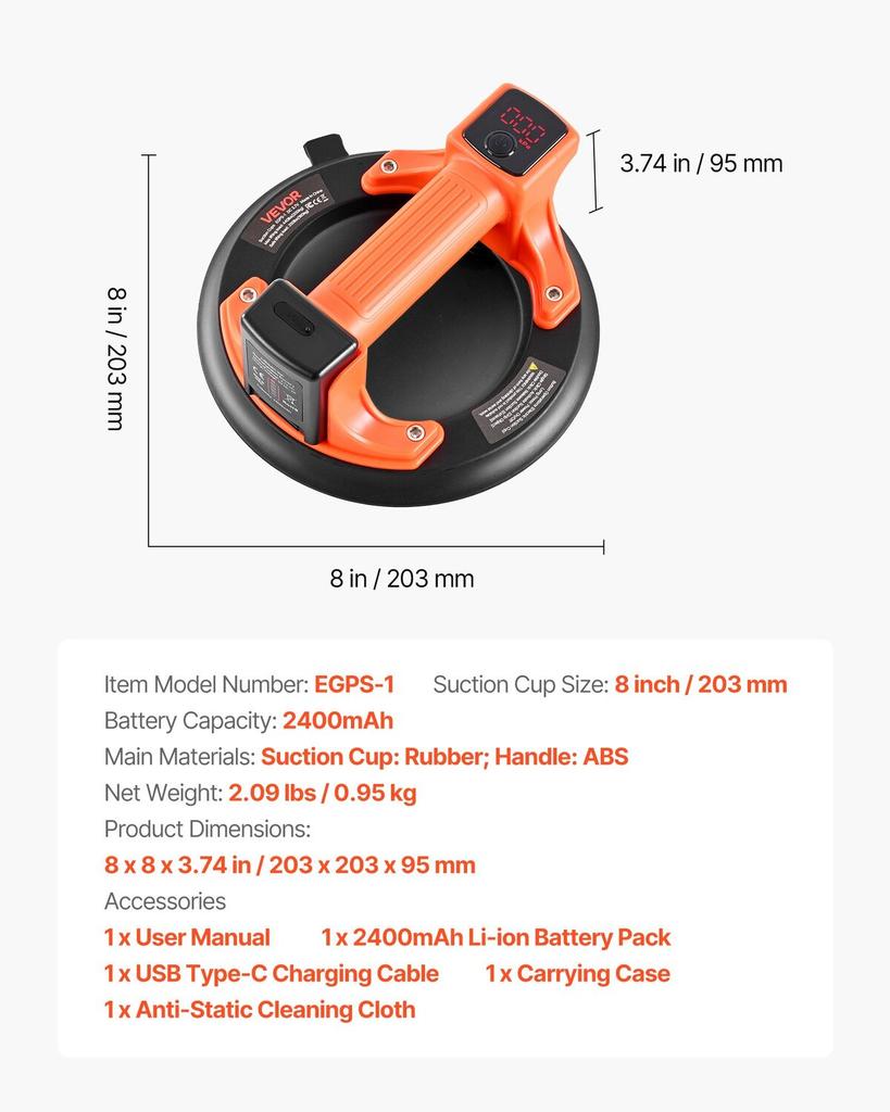 Electric Suction Cup, 203 Mm Vacuum Glass Lifter with Digital Display for Suction Power & Battery Level, 200 Kg Max Lifting Capacity Tile Suction Cup