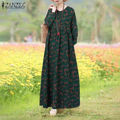 Women Floral Print Loose Casual O-neck Long Sleeve Long Dress