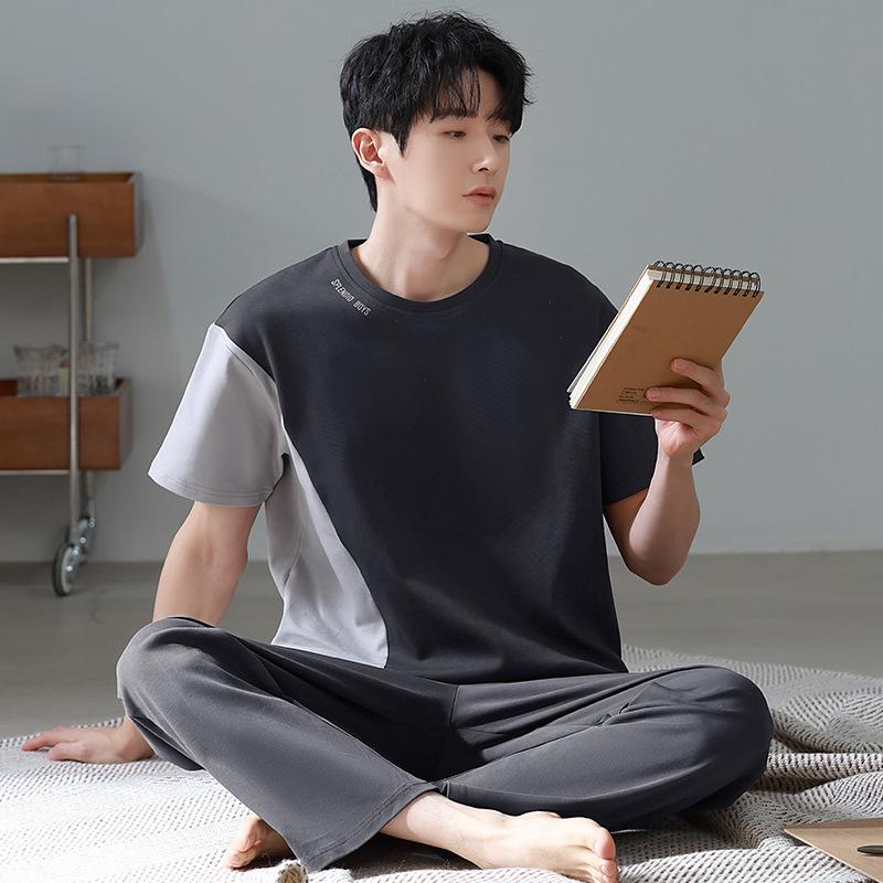 Blue Color Men's Cotton Pajamas Set for Summer Short Sleeves Sleeping Top Long Pant Nightwear Young Boy Home Clothes