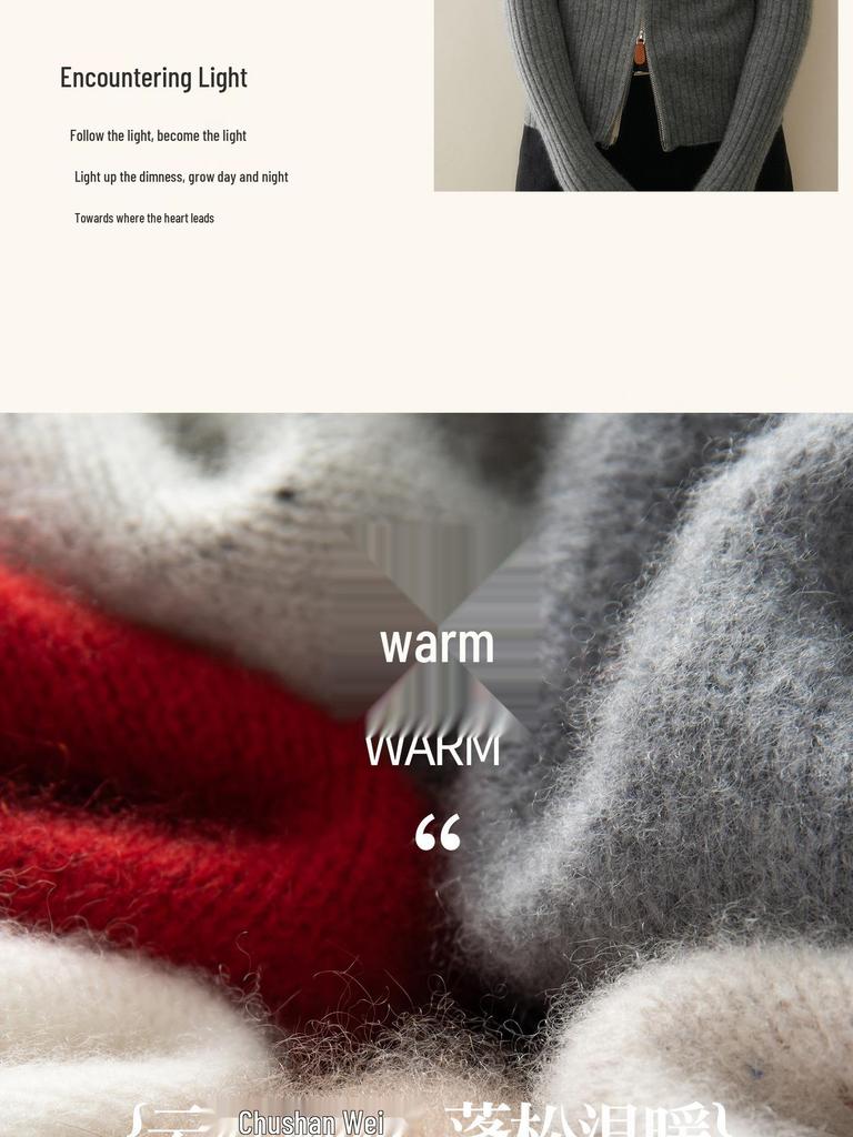 Fashionable Ribbed Cashmere Zipper Cardigan Sweater - Slimming Knit, Round Neck Wool Coat