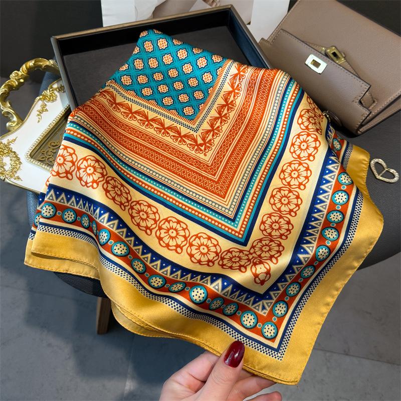 71Cm small square scarf imitation silk scarf headscarf plant petal printing neck protection scarf professional versatile scarf scarf scarf