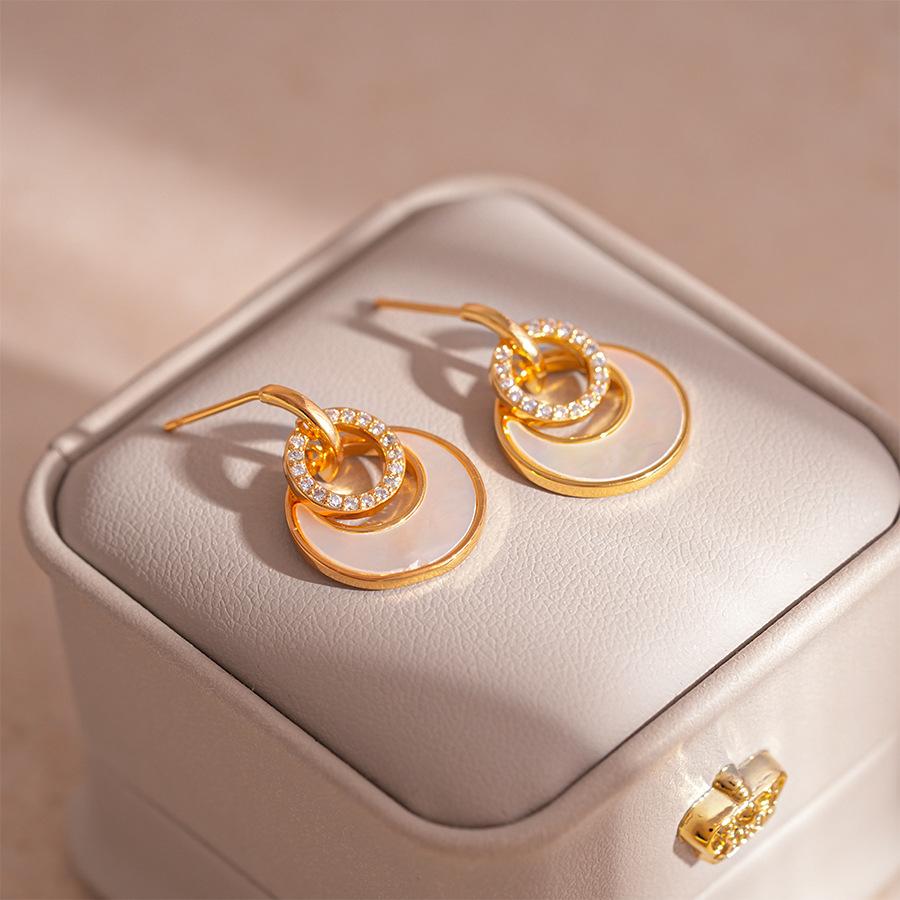 Imitation shell zircon double-layer circle silver needle earrings real gold electroplating geometric temperament earrings