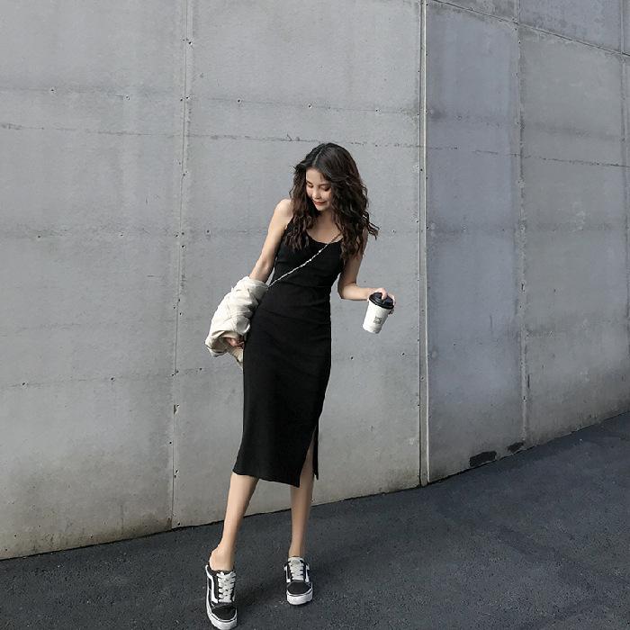 

Spring 2021 Women s Mid-Length Slit Camisole Dress - Slimming Style for Outerwear & Innerwear 2XL чёрный