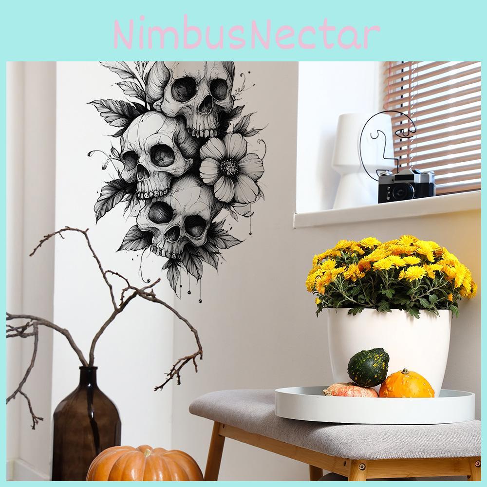 Modern Black And White Skeleton Flower Wall Decor Sticker For Halloween Bedroom And Living Area Enhancement