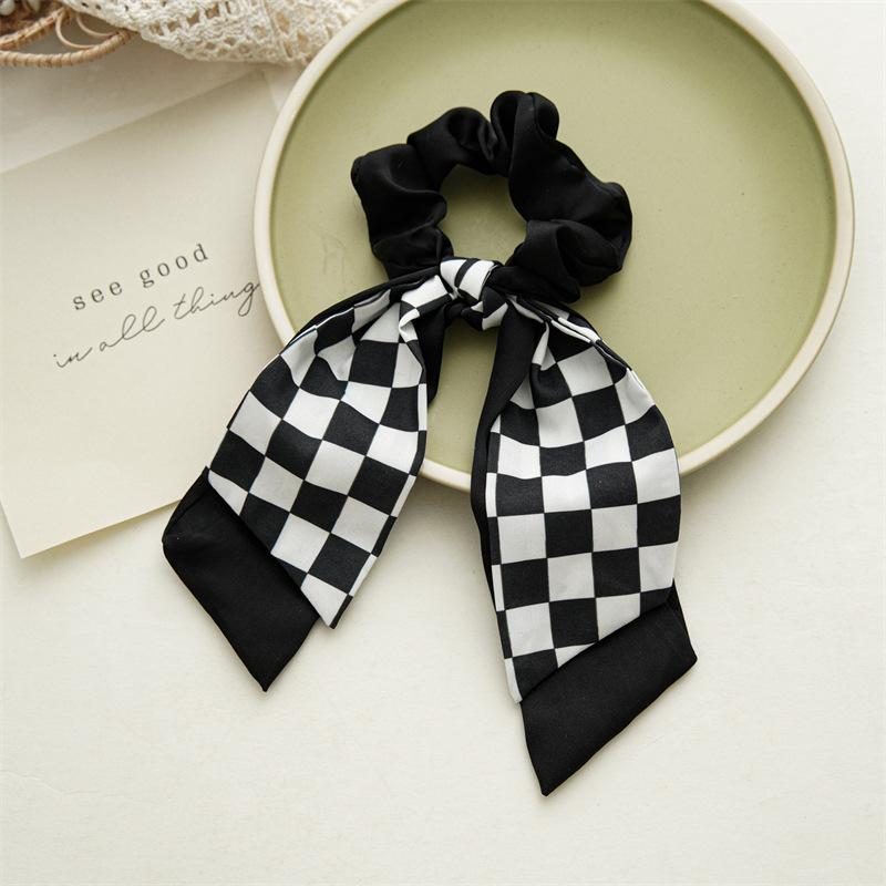 New Black and White Grid Hair Rubber Band Bow Streamer Hair Accessories Large Intestine Hair Ring Elastic Head Rope Accessories