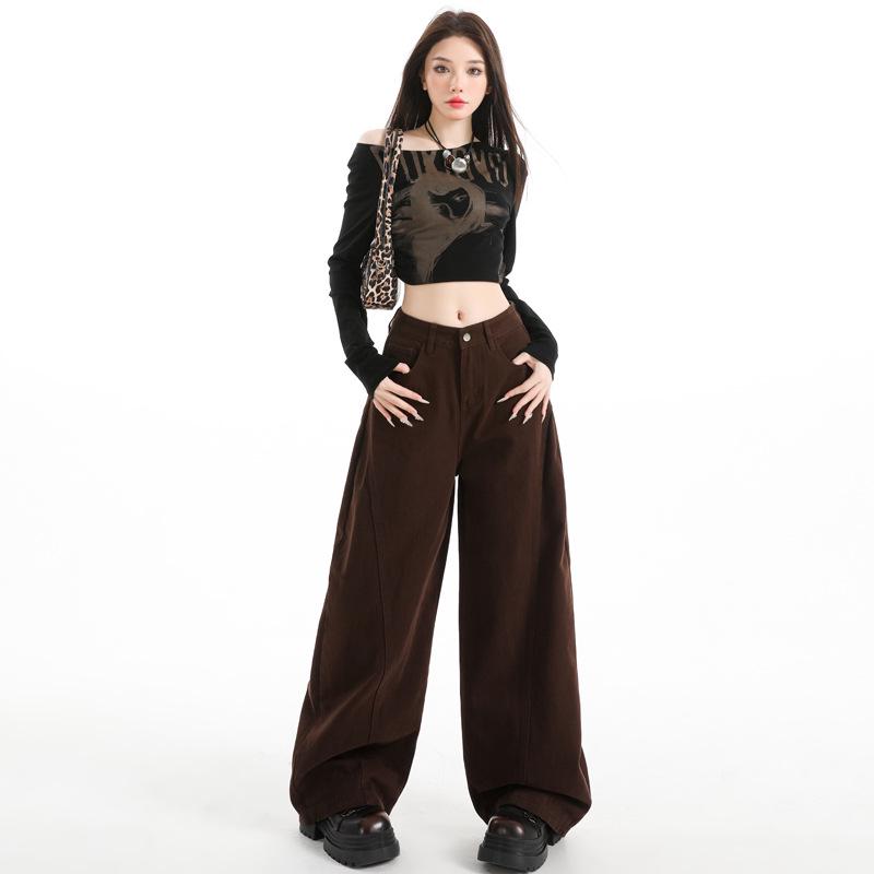 2025 Autumn Women's Retro Coffee Wide Leg Scimitar Pants - Slimming, Casual, Fashionable
