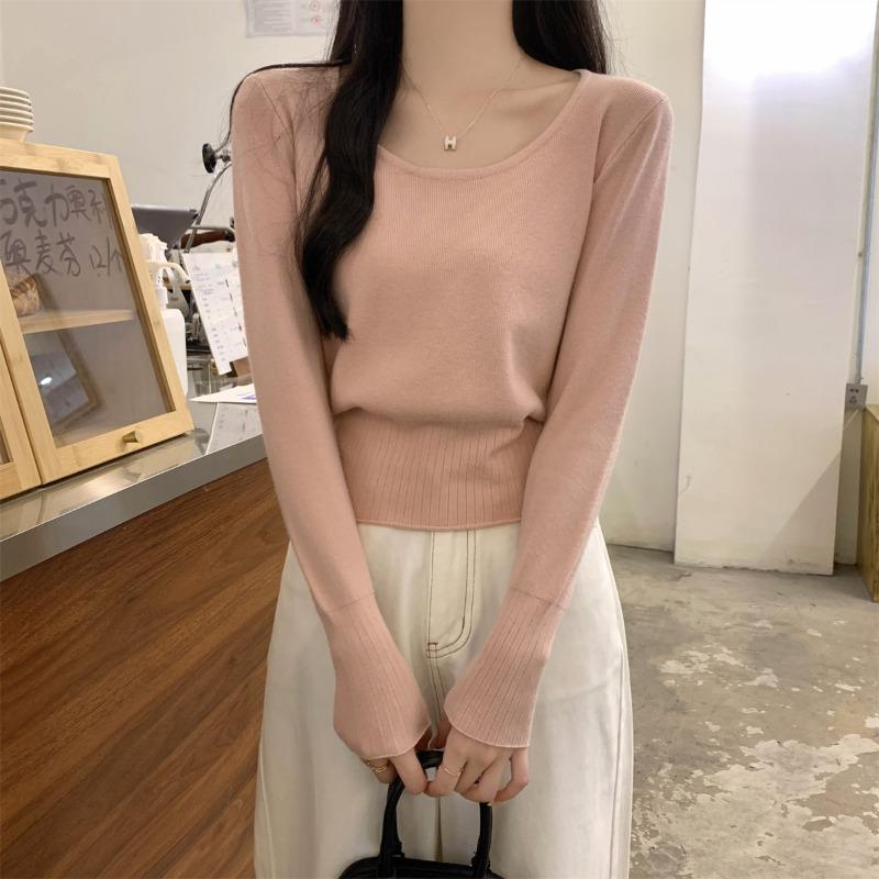 

Round Neck Women s Pink Scoop Neck Slim Ribbed Knit Cropped Long-Sleeve Top S рожевий